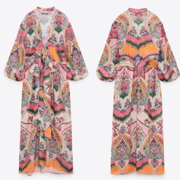 ZARA PRINTED WRAP KIMONO STYLE DRESS WITH POCKETS - Picture 10 of 16
